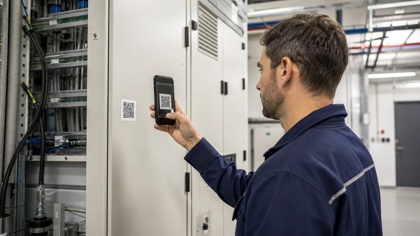 Técnico de mantenimiento identificando un equipo industrial mediante un código QR con el teléfono móvil.