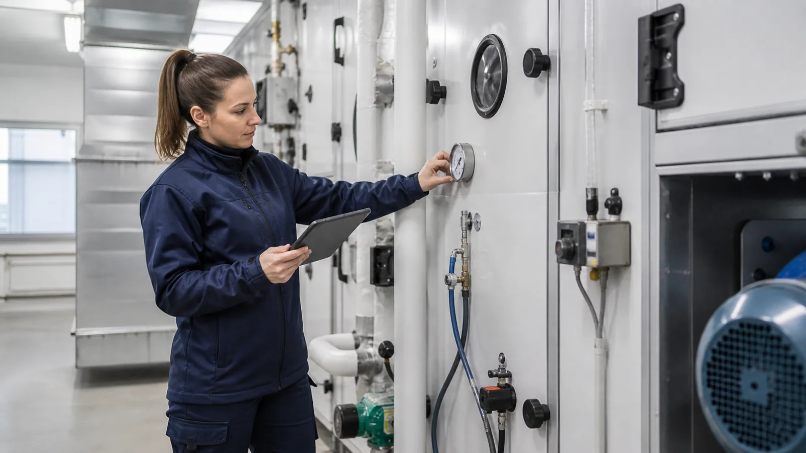 Técnico de mantenimiento revisando una instalación con una tablet durante una tarea preventiva.