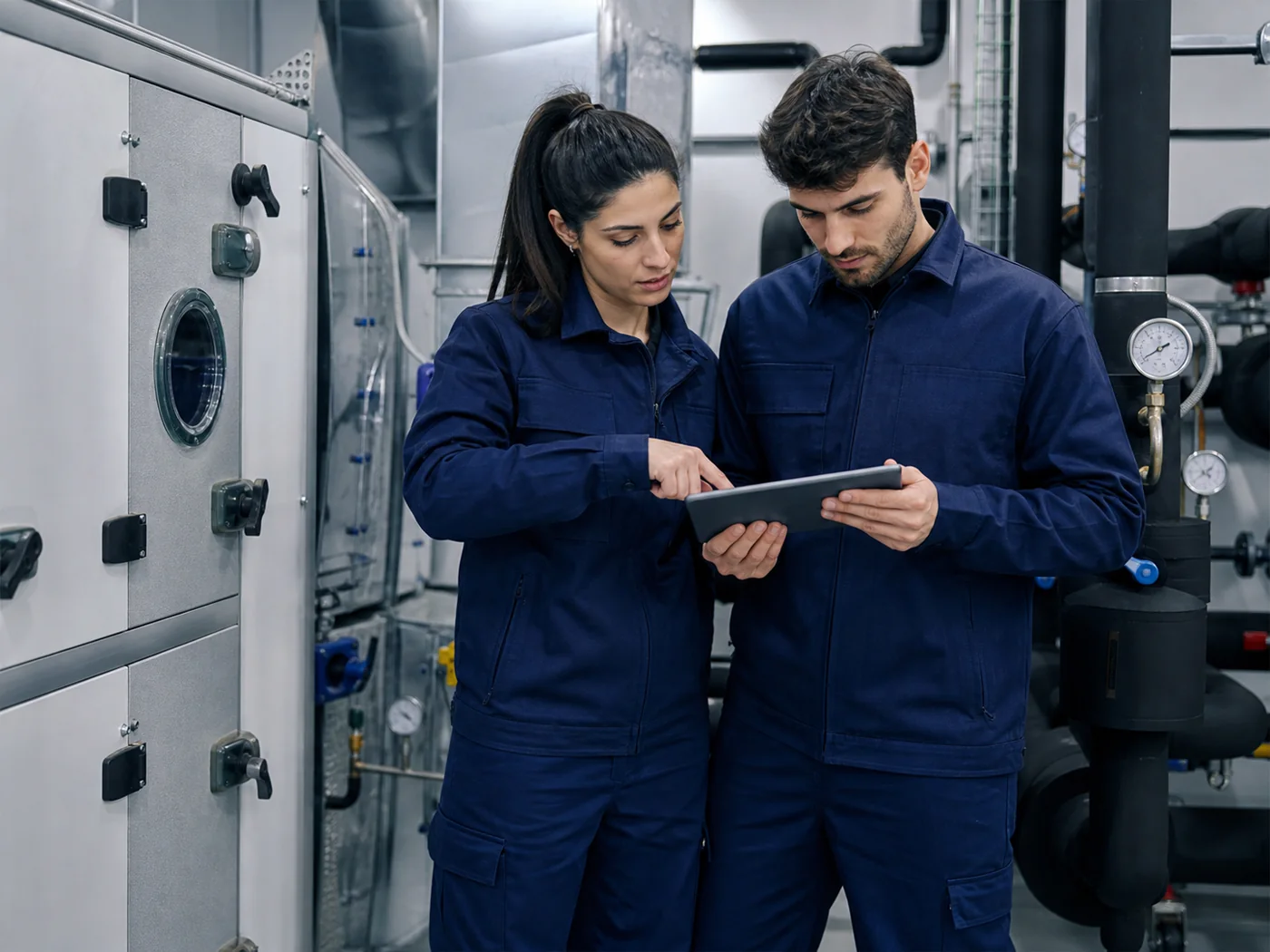 Profesionales de mantenimiento revisando una intervención en una tablet