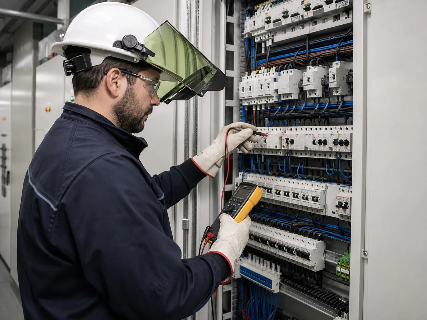 Electricista realizando una inspección segura en un cuadro eléctrico