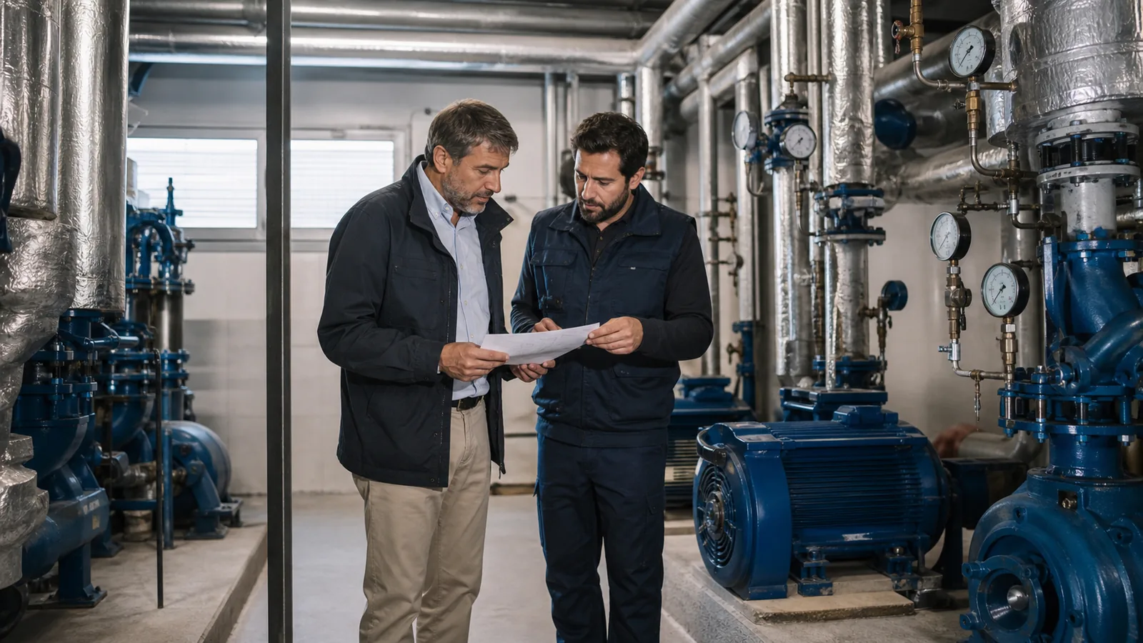 Responsable de instalaciones y técnico revisando una sala de máquinas