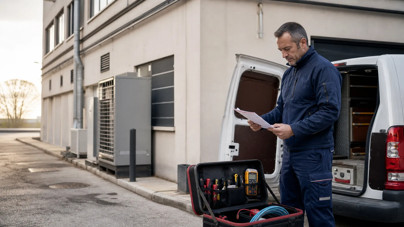 Técnico autónomo preparando una intervención junto a su vehículo