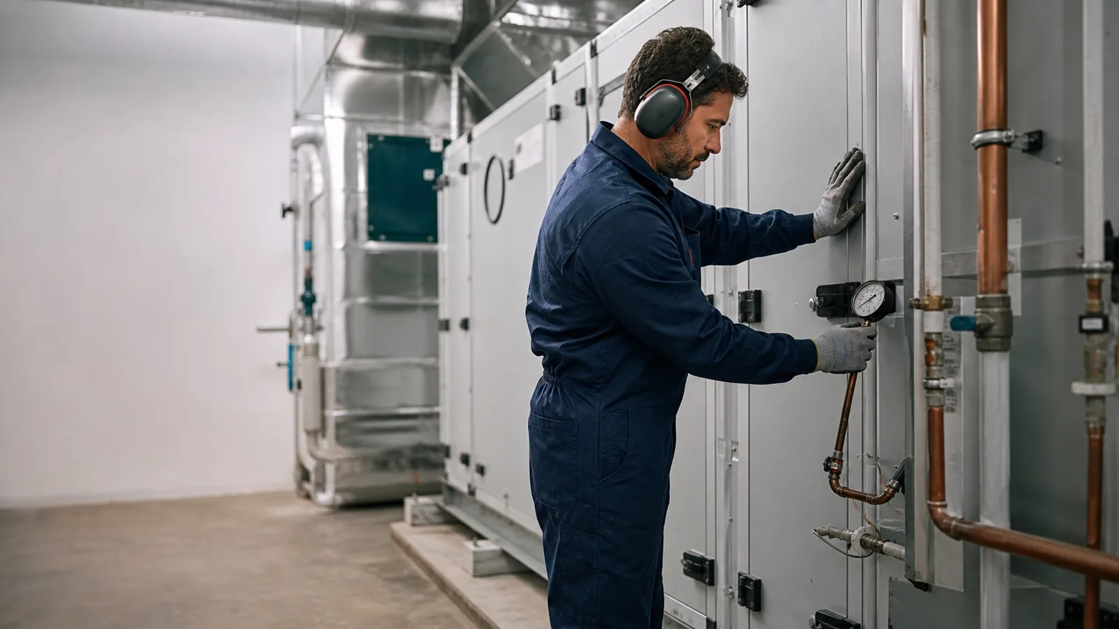 Técnico de mantenimiento inspeccionando una unidad de tratamiento de aire y comprobando su funcionamiento