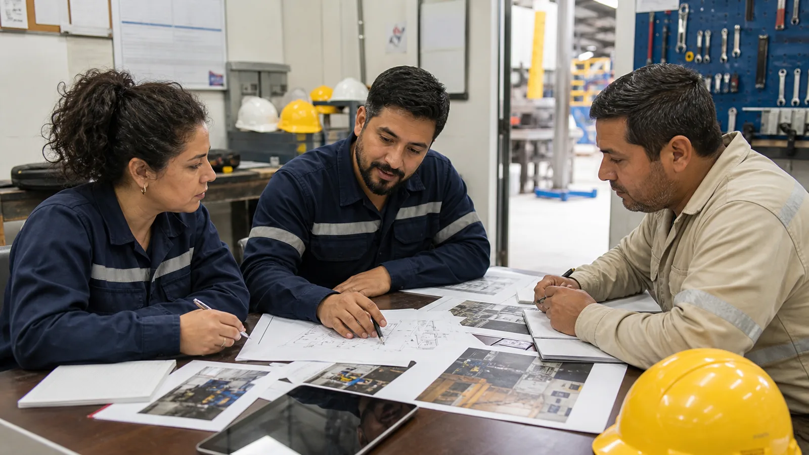 Equipo de mantenimiento coordinando prioridades con planos y documentación técnica