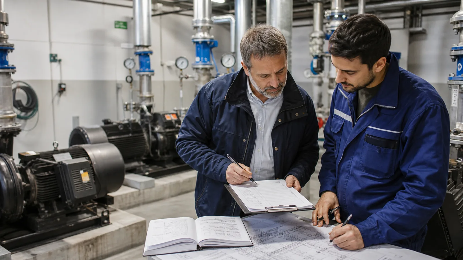Responsable y técnico planificando mantenimiento preventivo junto a una sala de bombas